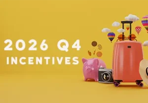 Piggy bank on vacation with travel accessories on yellow background. Vacation concept. 3d rendering.